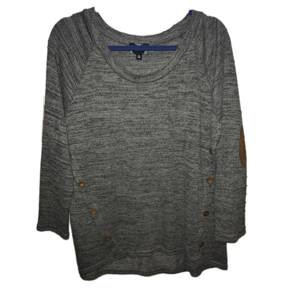 Perch by Blu Pepper Women's Sweater 1XL – Gray Knit Pullover w/ Faux Suede Elbow